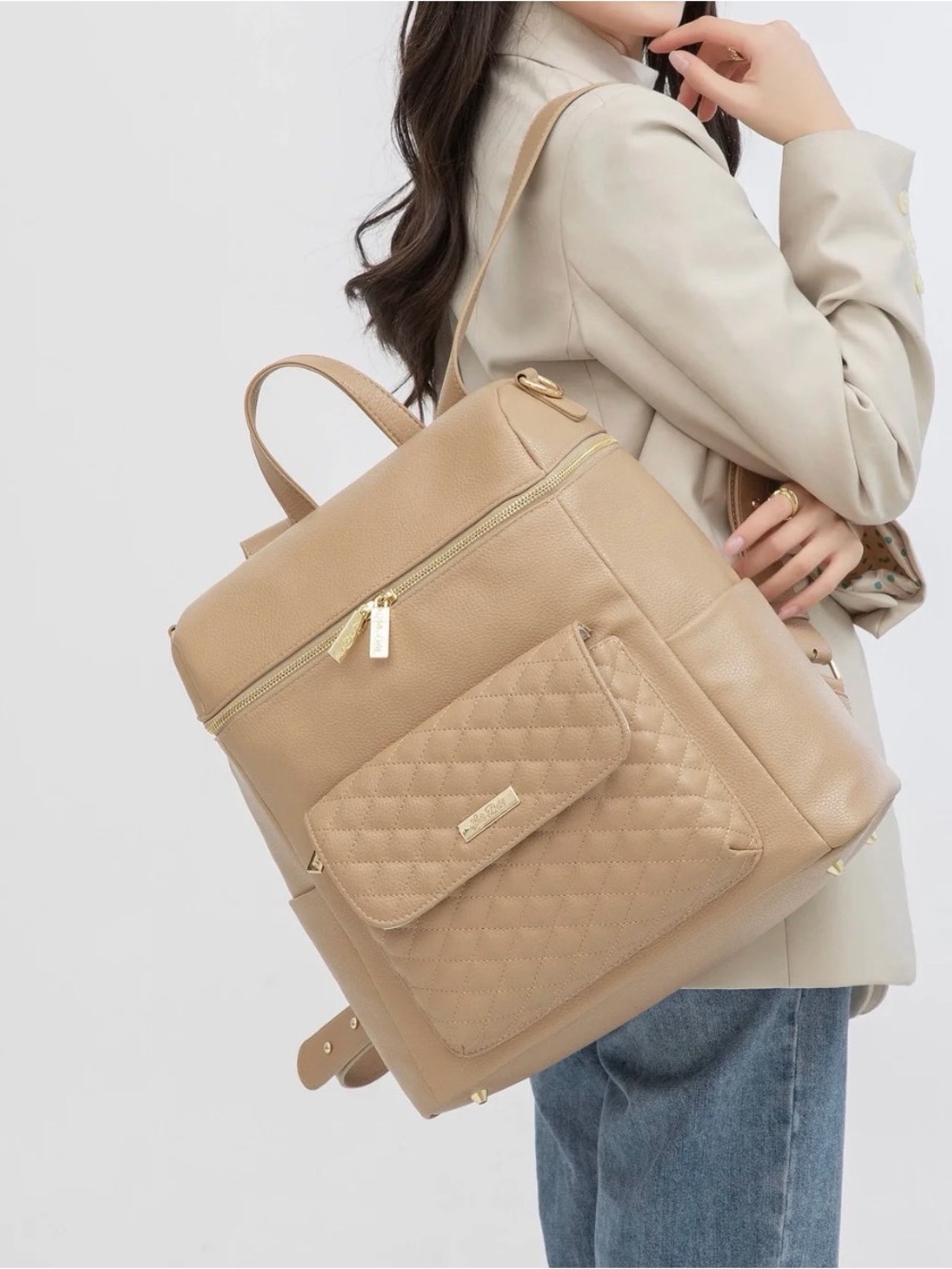 Quilted Front Pocket Baby Backpack Bag - Tan